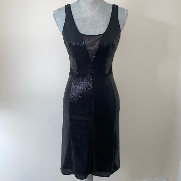 BCBG Max Azria Fatale Bodycon Sequin Sheer Panel Party Dress Black Size 6 - Picture 1 of 16